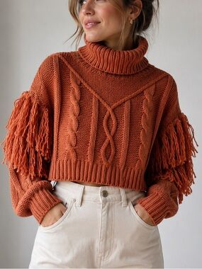 Shop Neighbor Rust Fringe Cropped Cable Knit Turtleneck Sweater | Size S